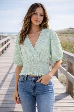 BCBGeneration Mint Green Floral Smocked Waist Surplice Top